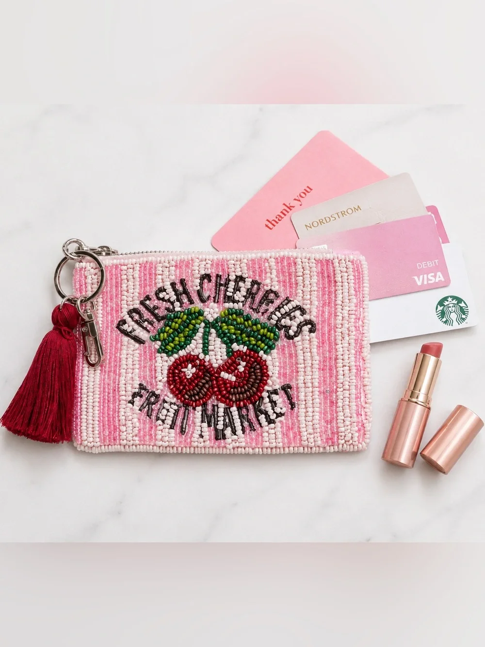 resh Cherries Beaded Zip Pouch – Pink | NWT 🍒💄